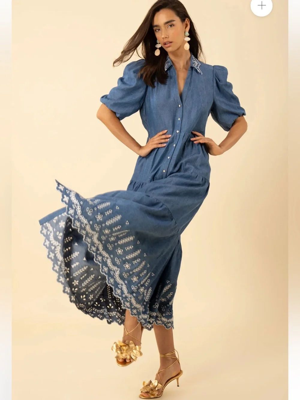 New Hale Bob Martha Embroidered Chambray Maxi Western Dress Blue Large
